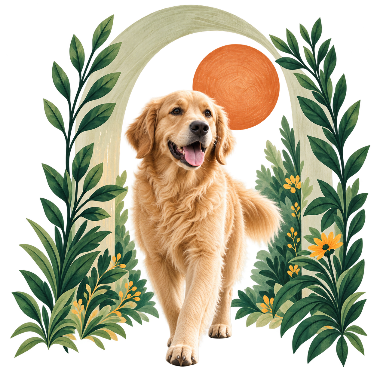 Golden retriever in a botanical illustration